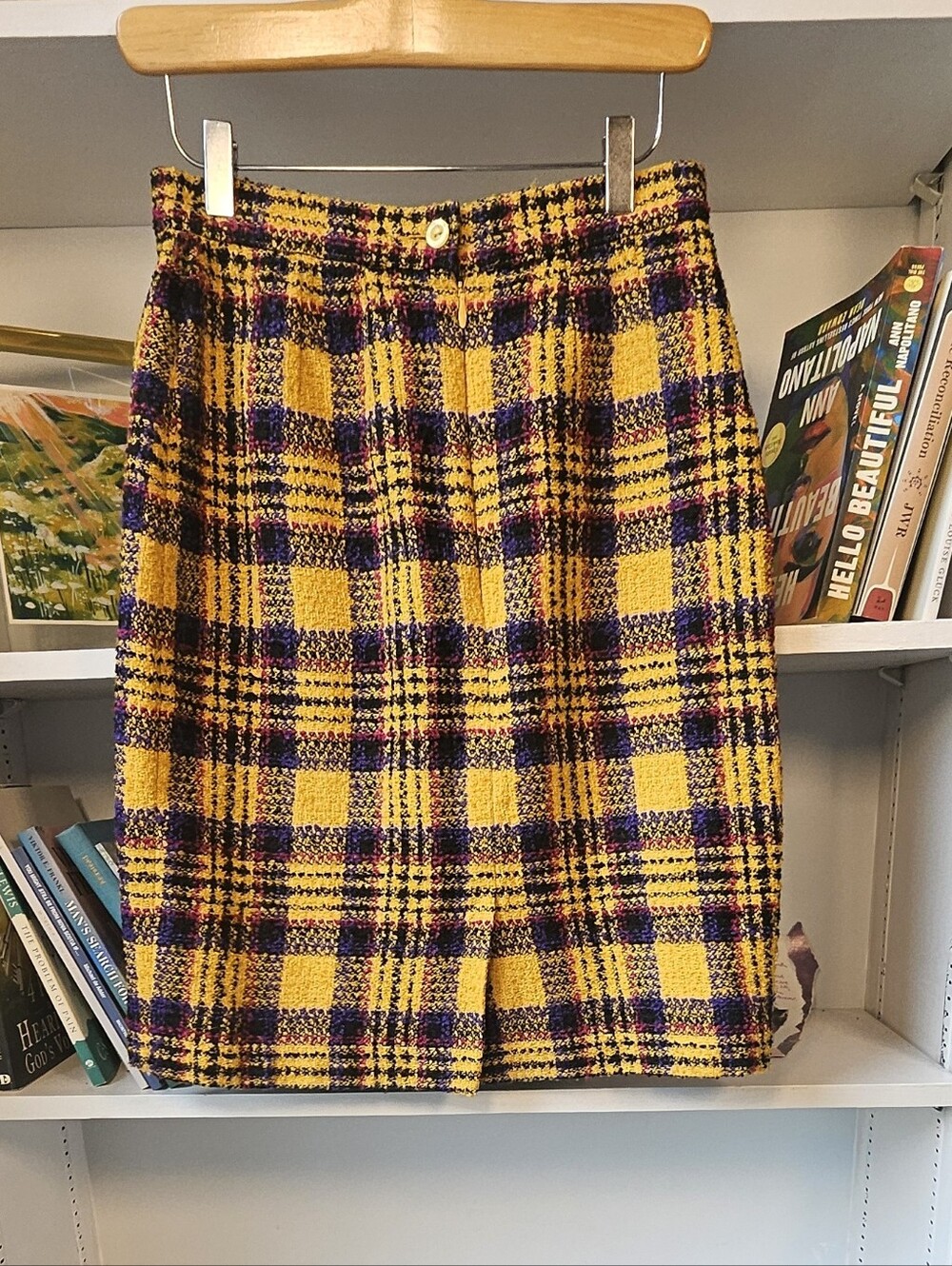 Vintage St. Michael Tweed Plaid Skirt Wool Blend Yellow Black Size Medium Twee - Picture 2 of 8
